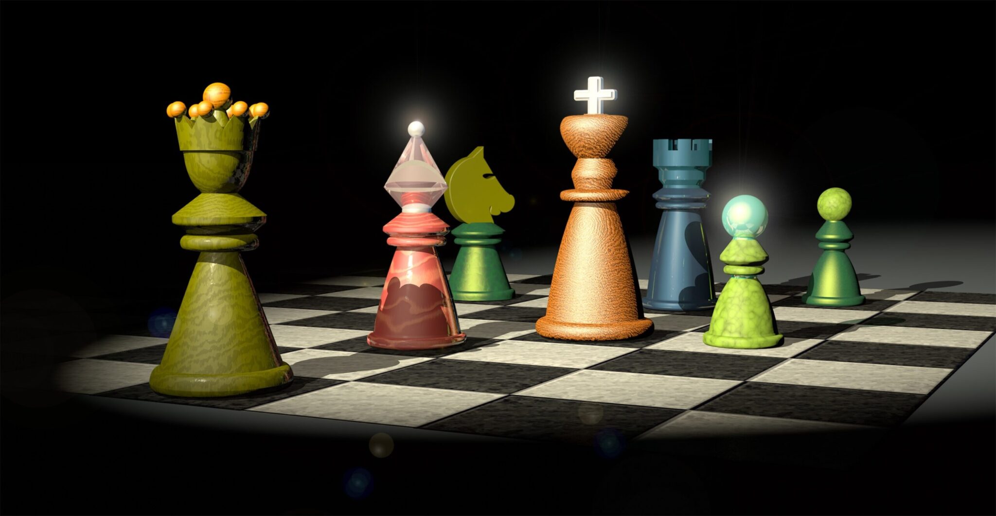 image of a chess board with 7 different colored pieces on the board to represent essentials for the game