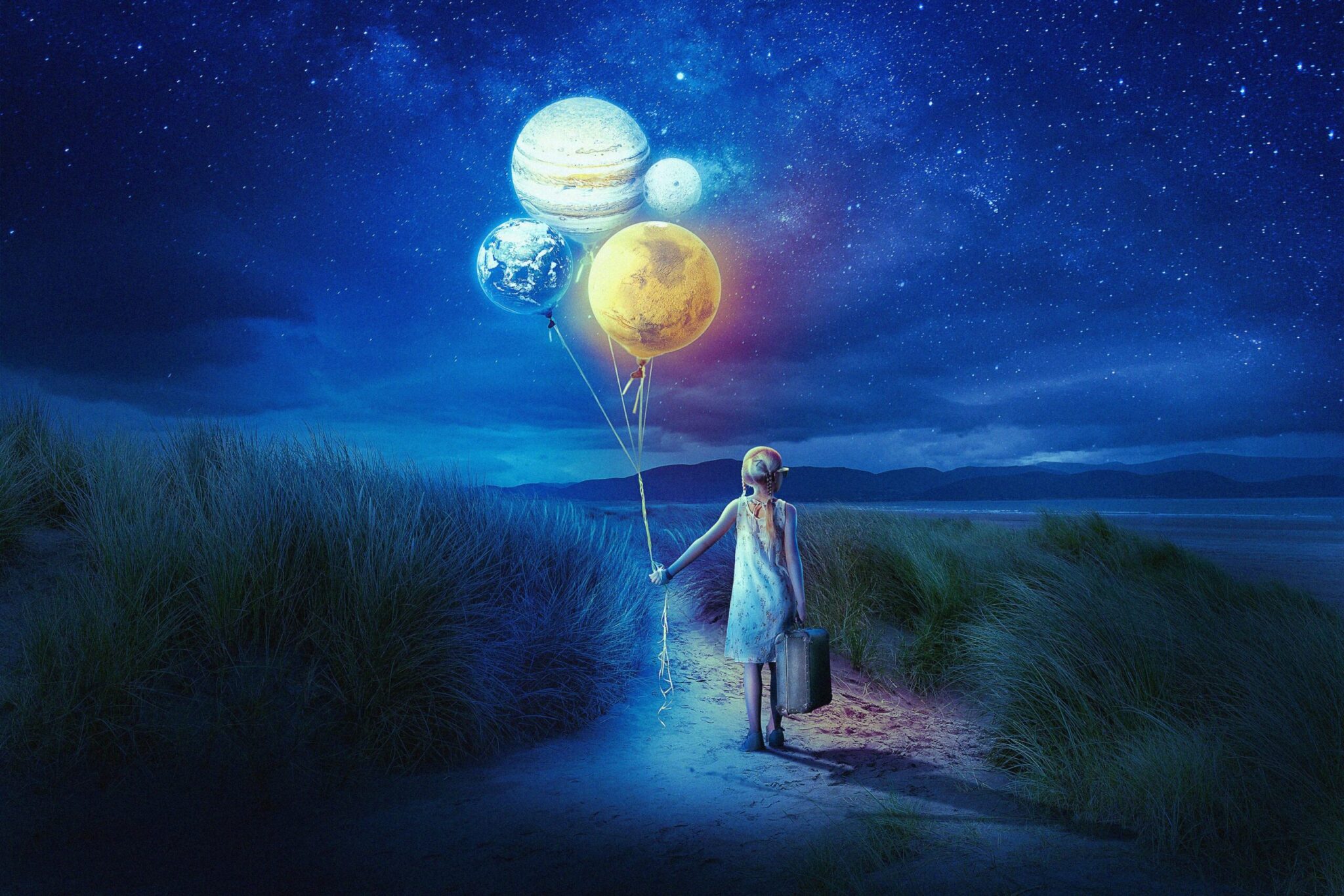 A young person with a suitcase walking down a road with balloons that are actually planets demonstrating the notion of a different world when there is not just one right or wrong