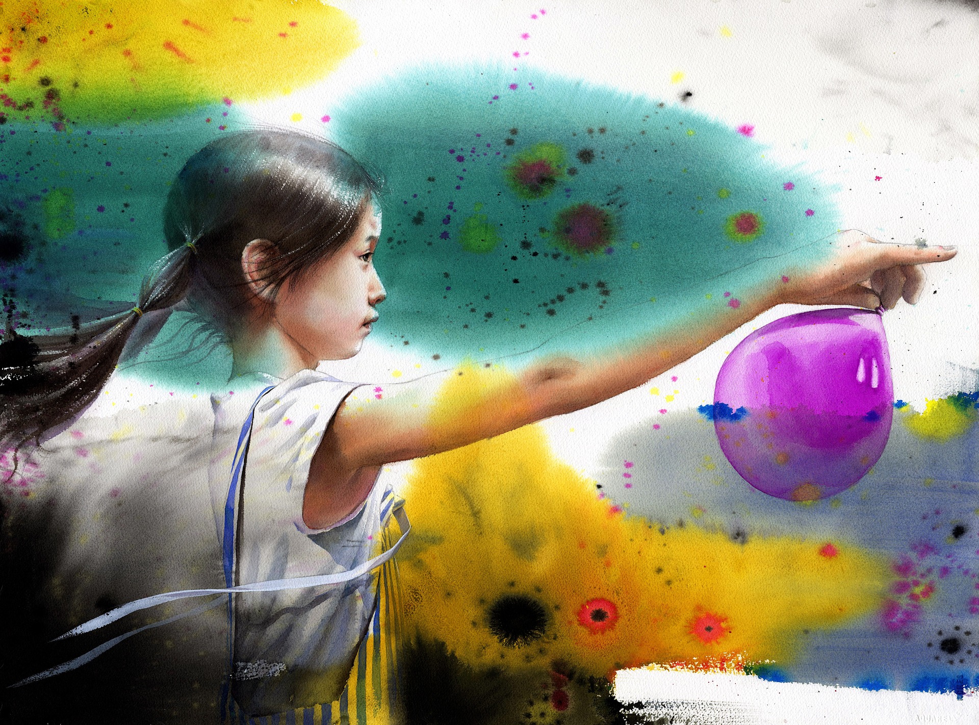 a young woman holding a pink balloon amidst a flow of different colors to represent a larger system around the balloon
